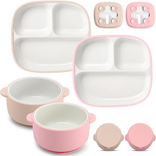 Domensi 4 Pcs Square Porcelain Kid Plate and Bowl Set with Suction, 2 Ceramic Toddler Divided Plate 2 Baby Anti Slip Silicone Sleeve Bowl for Feeding Supplies Microwave Dishwasher Safe (Pink, Beige)