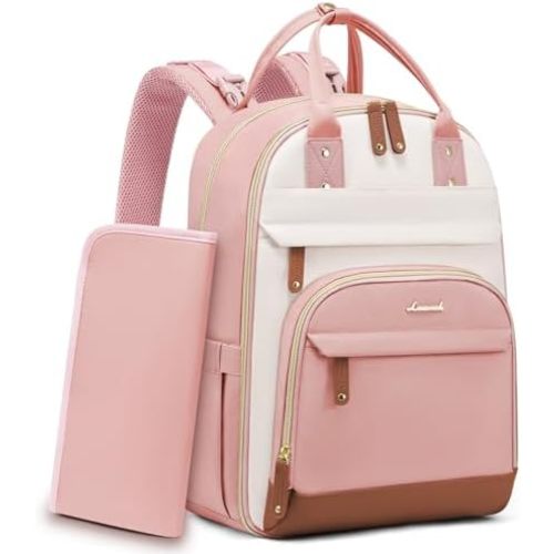 LOVEVOOK Diaper Bag Backpack, Baby Bag with Changing Pad, Large Diaper Backpack Boy Girl, Waterproof Baby Registry Bag for Mom Dad with Stroller Buckles, Pink-beige-brown