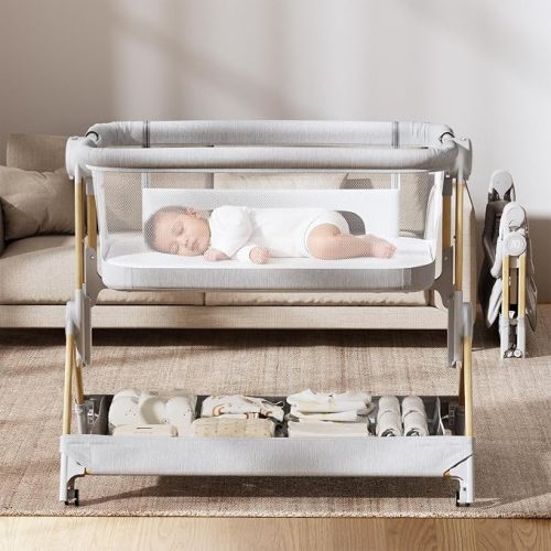 ANGELBLISS Baby Bassinet, 3-in-1 Bedside Sleeper, One-Click Foldable Crib (Light Grey)