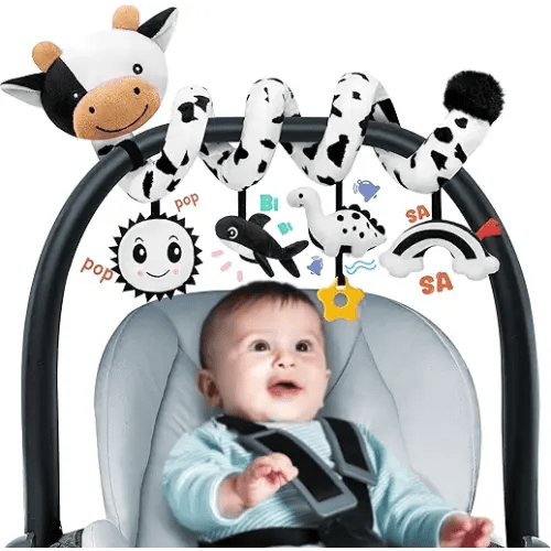Spiral Car Seat Baby Toys 0-6 Months, Infant Carseat High Contrast Sensory Toys Hanging Stroller Accessories, Newborn Shower Gifts for Baby Boys Essentials Stuff, Cute Black and White Cow