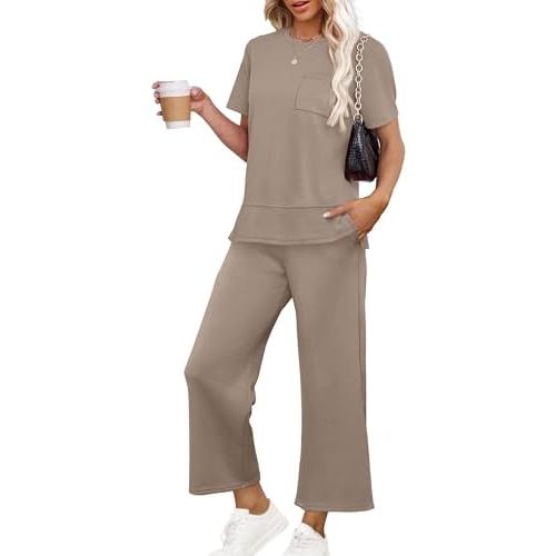 OFEEFAN Women's Lounge Sets Fashion Outfits Wide Leg Loungewear Side Slit Tracksuit for Vacation Travel Airport S-3XL
