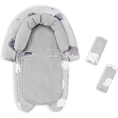 Baby Car Seat Head Support with Extra Headrest, 2-in-1 Babybody Supports with Shoulder Pads Set for Newborn, Adjustable Infant Car Seat Insert Compatible with Stroller, Baby Swing, (Grey Elephant)