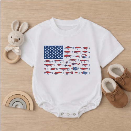 American Flag Fishing Lure Baby Romper - 6-12 M / White