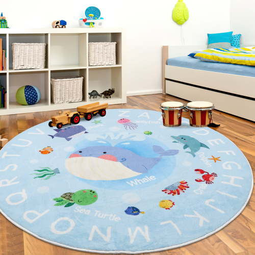 AKASISRUG Soft Round ABC Rug for Kids Room,5.2 ft Washable circle nursery rug,Non-Slip Whale Alphabet Baby Kids Rug Carpet for Nursery Playroom Bedroom Kids Room Decor