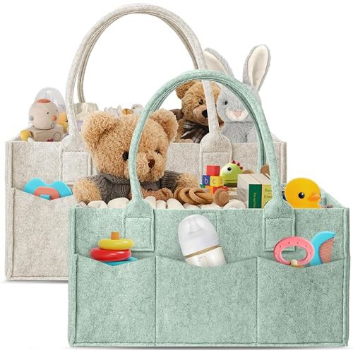 HIPHOP PANDA 2-Pack Diaper Caddy Organizer - Nursery Storage Bin & Car Organizer for Diapers, Wipes, and Baby Essentials - Dual-Color Solid Set (Green/Oatmeal), Regular Size