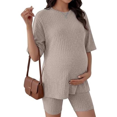 Ekouaer Women Maternity Sets 2 Piece Outfits Short Sleeve Shirts and Biker Shorts Pregnancy Loungewear Mama Clothes