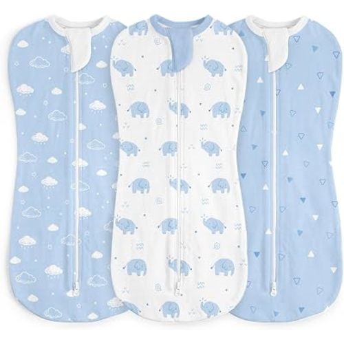 Baby Swaddle 0-2 Months, 3-Pack Cotton Arm-In Zipper Sleep Sack, Wearable Blanket Wrap (Elephant, Cloud, Triangle)
