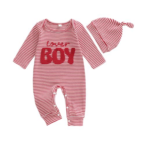 Lamuusaa Newborn Baby Boy Valentines Day Outfit Little Love Letter Embroidery Romper Waffle Bodysuit Jumpsuit with Hat Set