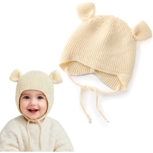 Baby Beanie with Earflaps Winter Knitted Hat Adorable Ears & Chin Strap Warm for Infant Toddler Boy Girl 6-24 Months