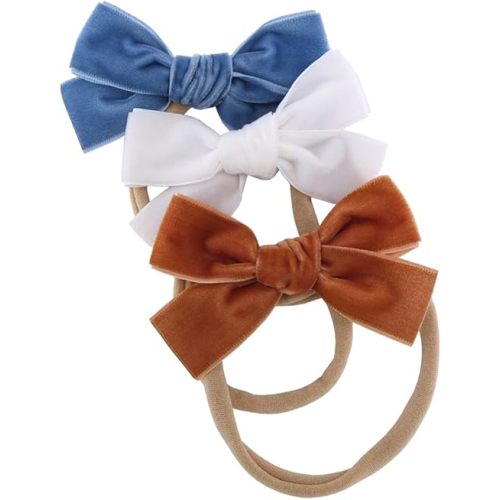 Sugarmelon Velvet Bow Soft Stretchy Headbands for Newborn Infant Toddlers Hair Bow Elastic Bands Baby Girls Nylon Hairband (3.2'' Ambrosia 24 PCS)