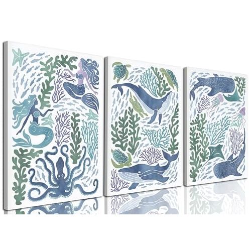 Ocean Nursery Wall Art Set of 3, Sea Animal Kids Coastal Wall Decor Mermaid Whale Octopus Poster Canvas Painting Prints Artwork for Bedroom Living Room 12x16 inch Framed