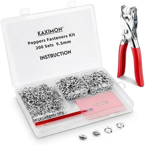 KAXIMON Snap Fasteners Kit 200 Sets, 9.5mm Clothing Snaps with Tool, No Sew Metal Snap Buttons with Pliers, Stainless Steel Snaps Kit for Sewing Fabric Clothing