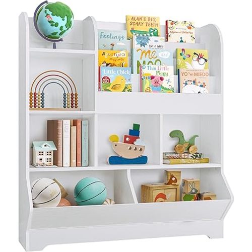 IRONCK Book Shelf for Kids Rooms, Toy Organizer with 7 Bins and 4 Shelves, 42.3” W x 46.7” H, Modern Storage Rack for Playroom, Living Room, White