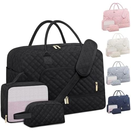 Travel Duffle Bag, Weekender Bags for Women with Shoe Compartment & Wet Toiletry Pocket , Carry on Overnight Hospital Bag for Woman Labor Delivery, Gym, Trip, Ideal Christmas Gift for Women Black