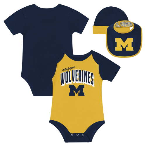 Newborn & Infant Michigan Wolverines Dynamic Duo Bodysuit, Bib & Cuffed Knit Hat Set
