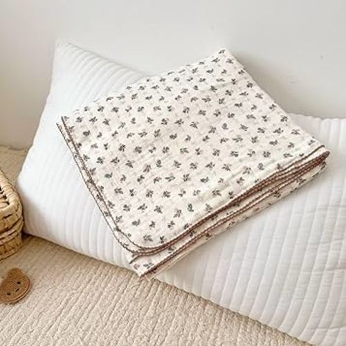 BuLuTu Muslin Cotton Baby Quilt 47x51 Inch, Bellflower Pattern Nursery Blanket for Crib/Toddler Bed, Cottage Floral Baby Blankets, Soft Lightweight Summer Toddler Nap Quilts