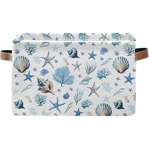 Sea Shells Starfish Rectangle Storage Basket - Ocean Themed Collection Collapsible Storage Baskets with Handles - Ocean Conch Pattern Storages Bin for Kids Clothes, Gifts, Books, Toys