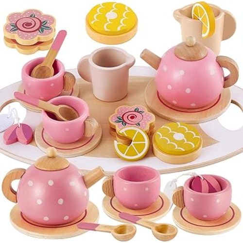 BUYGER Kids Wooden Tea Party Set for Little Girls Toddler Pretend Play Food Kitchen Accessories Princess Birthday Gifts for Ages 3 4 5 Years Old