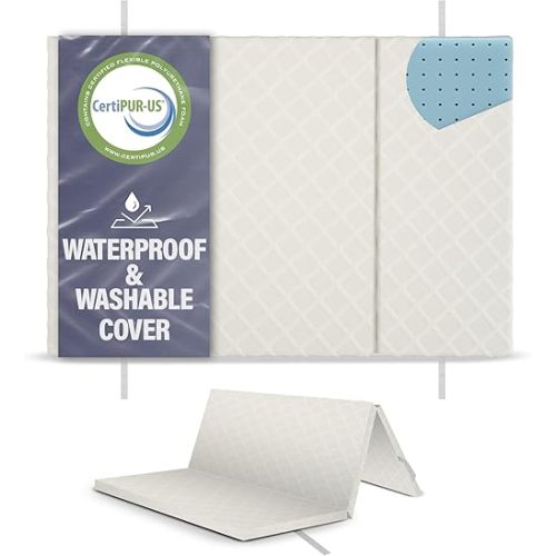 Trifold Pack and Play Mattress - Waterproof Washable Removable Cover | Fits Most Play Pens & Pack n Plays – Mattress Size 38 x 26 x 1 – Exceeds All CPSC Testing - CertiPUR + OKEO-TEX Certified