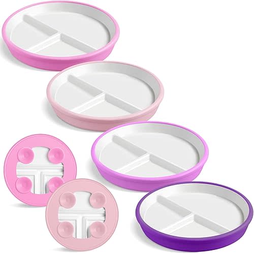 Domensi 4 Sets 8 Inch Kids Porcelain Plates with Silicone Suction Sleeve Antislip White Ceramic Divided Toddler Plates Microwave Dishwasher Safe for Baby Children Feeding Supplies (Purple,Pink)