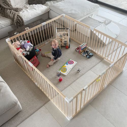 HARPPA Wooden Baby Gate Playpen | Non-Toxic Foldable DIY Adjustable Play Yard for Infants & Toddlers – Natural Finish Baby Fence for Small & Large Spaces