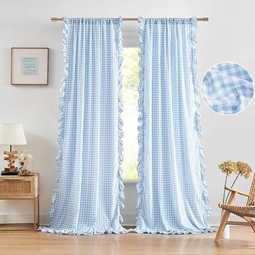 ZJDECOR Baby Blue Buffalo Plaid Ruffle Curtain Panels 95 Inches Length,Rustic Crinkled Not-See-Through Sheer Drapes,Shabby Chic Window Treatment for Bedroom Living Room,Rod Pocket,40"Wx95"L,Pack of 2