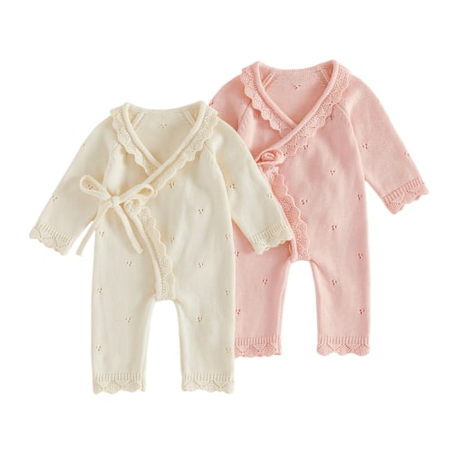 Newborn Baby Girl Front Tie Knit Romper Solid Color Scallop Trim V Neck Long Sleeve Jumpsuit 0-6 Months - TikTok Shop