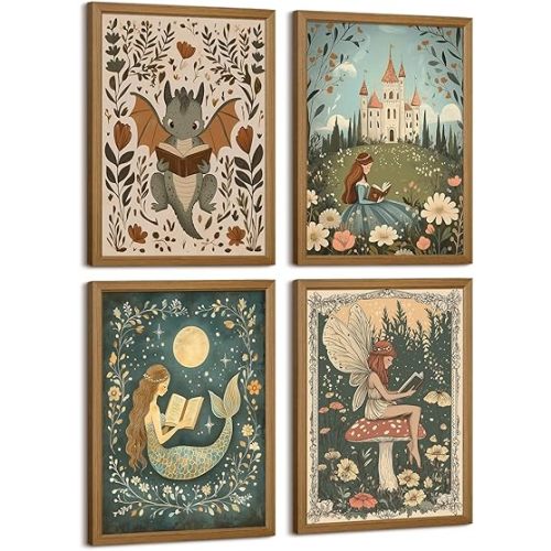 Nursery Fairy Dragon Wall Art Baby Room Reading Book Wall Decor Vintage Girl Dinosaur Canvas Prints Boy Whimsical Fantasy Poster Fairytale Princess Pictures Painting for Bedroom 12x16x4 Inch Framed