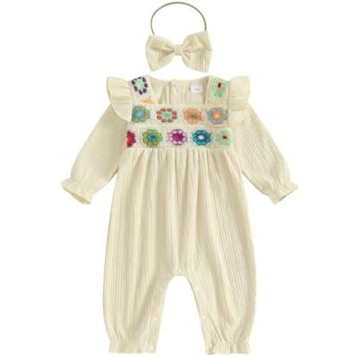 Emmababy Baby Girl Crochet Romper Long Sleeve Floral Jumpsuit Crochet Flower Bubble Romper Headband Set Newborn Fall Clothes