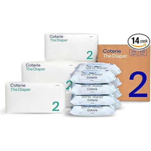 Coterie Baby Wipes + Diapers Kit, Size 2 Diapers (186 Count) & 8 Pack (448 Count) Baby Wipes with 99% Water, Plant Based Materials, Hypoallergenic for Sensitive Skin, Baby Essentials