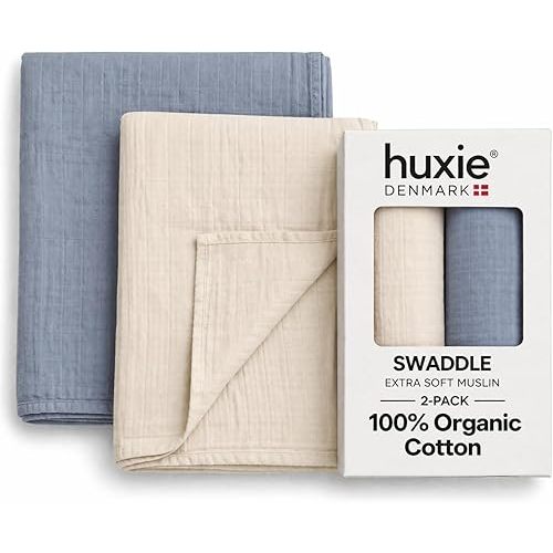 Huxie Baby Swaddle – Organic Cotton Muslin Baby Swaddles for Newborns 47” x 47” 2-Pack (Fog/Tradewinds)