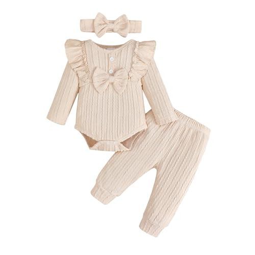 SUNNY PIGGY Baby Girl Clothes Newborn Infant Romper Ruffle Baby Girl's Outfit Knit Texture Fall Winter Clothing Pants Set