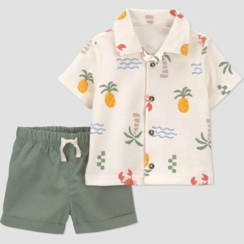 Carter's Just One You® Baby Boys' 2pc Tropical Button-Down T-Shirt and Shorts Set - Green/Ivory 9M