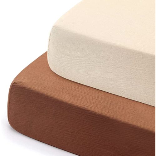 GRSSDER Soft Muslin Crib Sheet 2 Pack, 100% Cotton Crib Sheets for Boys and Girls, Fit Standard Crib Mattresses 52" x 28" Safe and Snug, Taupe/Stripe