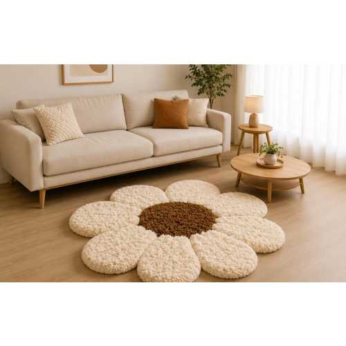 Handmade Daisy Flower Tufted Rug, Cream Brown Shaggy Carpet, Modern Floral Living Room Decor