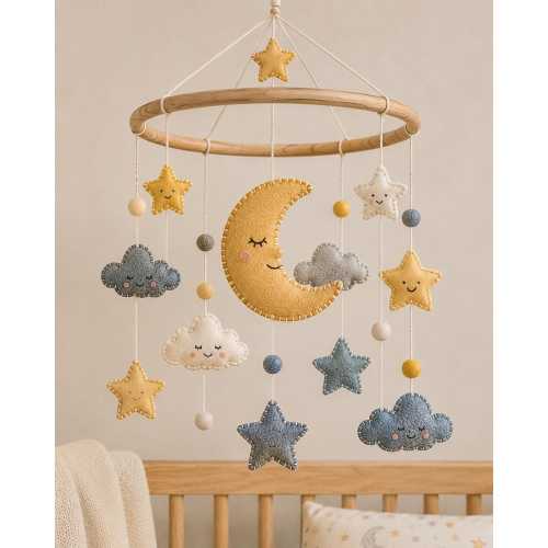 Handmade Felt Moon Stars Clouds Mobile, Celestial Nursery Decor, Baby Crib Accessory