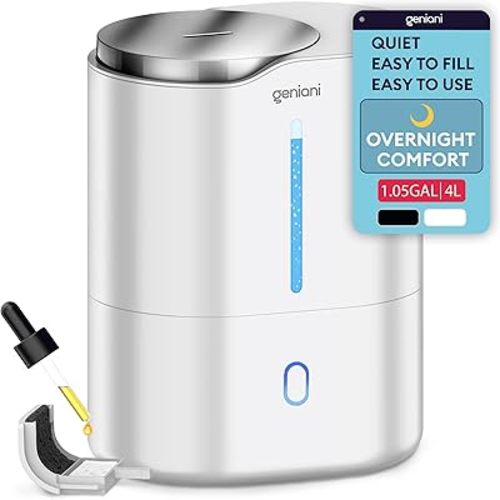 GENIANI Ultrasonic Cool Mist Humidifier for Bedroom, Large Rooms, Home, 4L - Easy Fill & Clean Humidifier for Plants w/Auto Shut-off, 40H Runtime - Quiet, Top Fill Air Humidifier