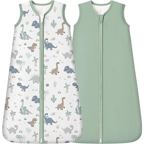 Rayon Made from Bamboo Baby Sleep Sack 6-12 Months, 1.0 Tog Baby Wearable Blanket, Soft Sleeping Bag for Newborn Infant Babies with 2-Way Zipper 2 Pack (Medium) Green Dinosaur