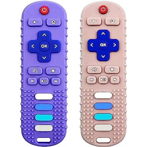 Baby Teething Toys, Food Grade Silicone Teether for Babies 3 6 12 18 Months, TV Remote Shape Toddlers Chew Toys, Freezer BPA Free (Purple+Khaki)
