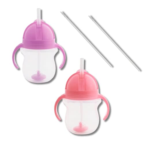 Munchkin Weighted Straw Sippy Cups for Toddlers 7oz, Leak Proof, Easy to Hold-Great toddler cups with straws, Supports Straw-use Education, Straw Cups (Purple/Pink)