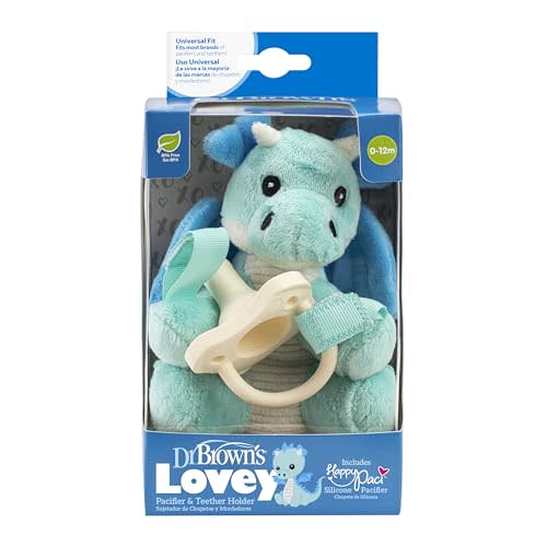 Dr. Brown's Baby Lovey Pacifier Holder & Teether Clip, Soft Plush Stuffed Animal Dragon Pacifier Tether with Ecru One-Piece HappyPaci Pacifier, 100% Silicone, 0-12m