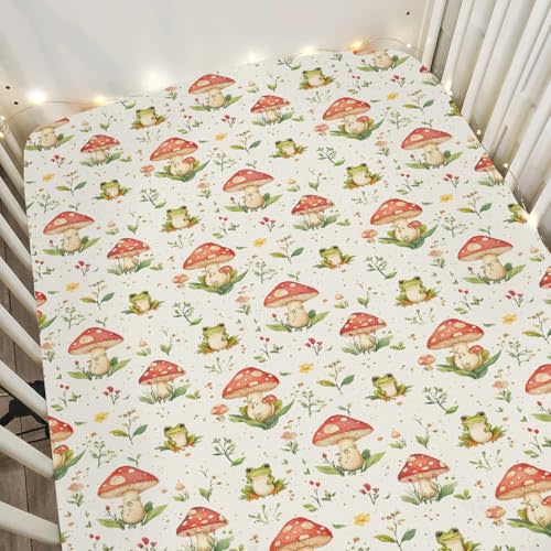 Green Frogs Mushroom Baby Crib Sheets for Boy Girl 52x28Inch Fairytale Frogs Soft Stretchy Fitted Crib Mattress Cover Baby Sheet Fits Crib and Toddler Bed Mattresses