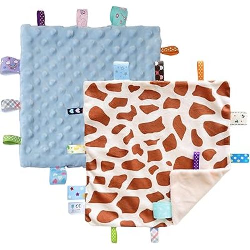 CREVENT Tag Security Blankets for Babies, Soft Small Loveys for Boys, Baby Comforter Sensory Blanket, Great Gifts for Birthday Baby Shower (10"X10" GiraffeDot+Blue)
