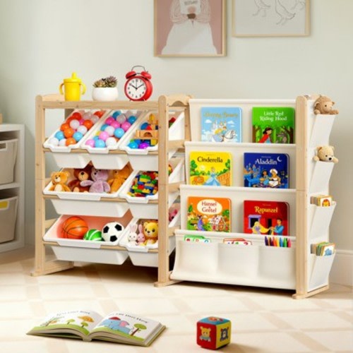 Solid Wood Toy Organizer and Bookshelf 2-in-1, Natural Pine Kids Storage Shelf with 7 Bins, Side Pockets and 4-Tier Book Rack for Playroom or Nursery