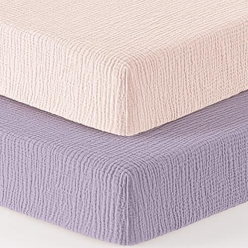 Bearmoss Muslin Mini Crib Sheets for Pack N Play Mattress - 100% Cotton - 38"x26" Soft Breathable Playard Baby Crib Sheets Neutral for Boys Girls - 2 Pack (Pink Purple)