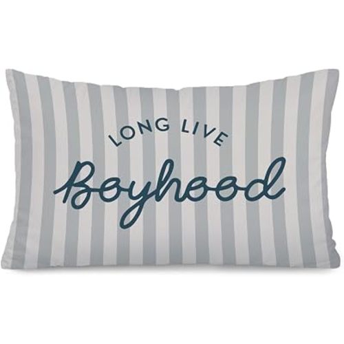 Boy Nursery Decor 12x20 Pillow Cover, Long Live Boyhood Neutral Striped Decorative Lumbar Pillow Covers for Kids Toddler Boys Bedroom Playroom Nursery Sofa Couch