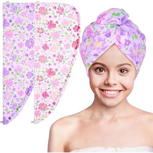 Basumee Microfiber Hair Towel Wrap for Kids 2 Pack Rapid Drying Hair Towel with Button Hair Turbans for Wet Hair Wraps Head Towel Wrap for Women and Girls