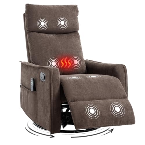 Trustyue Swivel Rocker Recliner Chair, 360° Swivel Recliner with Heat and Massage, Rocker Recliner Nursery Glider Chair with Side Pockets for Living Room (Brown, Fabric)