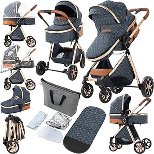 2 in 1 Baby Stroller, Convertible Pram, Reversible Standard Stroller, Portable Baby Buggy, Infant Carriage, Foldable High Landscape Pushchair for Toddler Newborn (225 Blue)