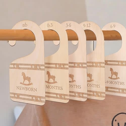 Classic Plaid Baby Closet Dividers Set of 5 - Wooden Baby Clothes Organizer, Newborn 24 Months Nursery Closet Size Markers